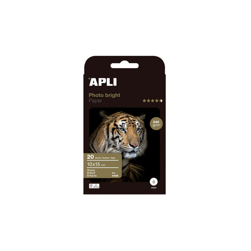 Apli Photobright Pack de 20 Hojas de Papel Fotografico 10x15cm 240g/m² - Acabado Brillante - Apto para Impresoras Inkjet