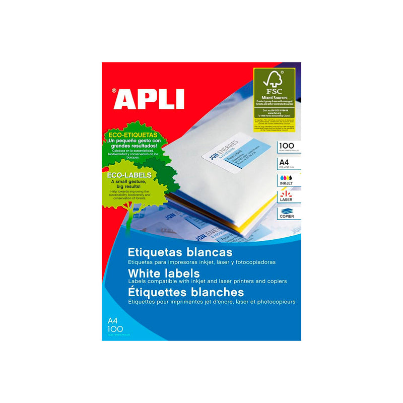 Apli Pack de 100 Etiquetas Permanentes - Tamaño 210 x 297mm - Multiples Usos - Color Blanco