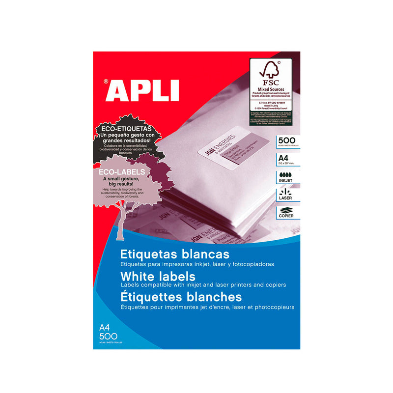 Apli Pack de 2.000 Etiquetas Rectangulares 105x148mm - 500 Hojas por 4 Etiquetas - Adhesivo Permanente - Cantos Rectos - Color Blanco