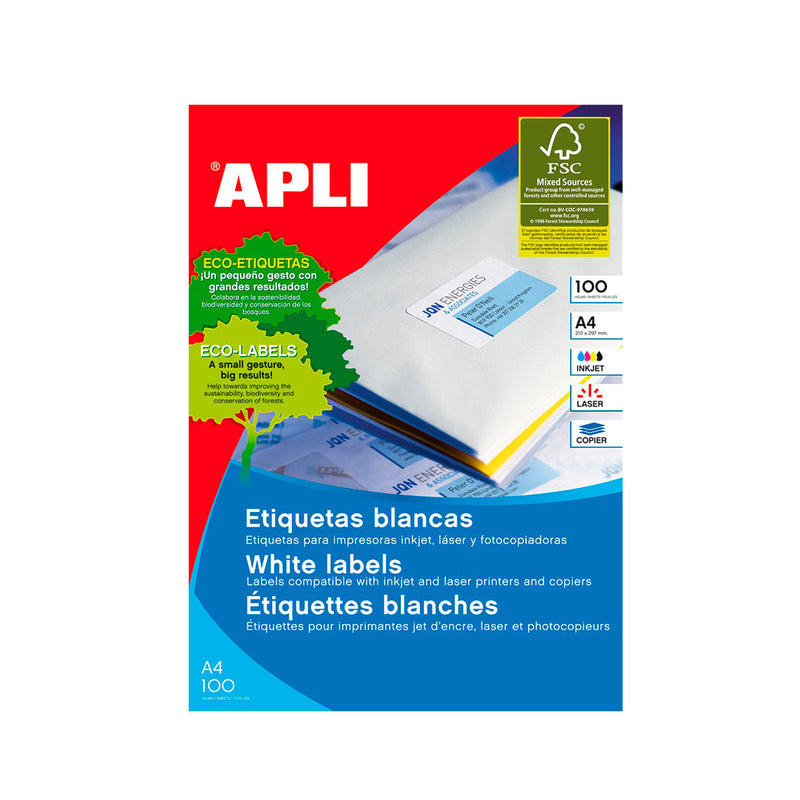 Apli Pack de 800 Etiquetas Rectangulares 99,1x67,7mm - 100 Hojas por 8 Etiquetas - Adhesivo Permanente - Cantos Romos - Color Blanco