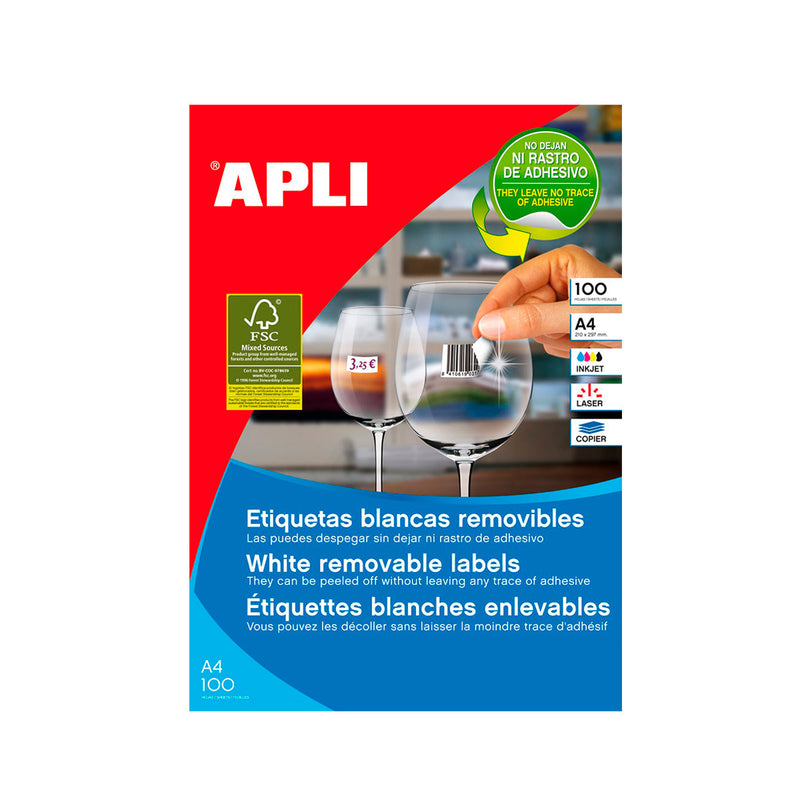 Apli Pack de 6.500 Etiquetas Rectangulares 38 x 21.2mm - 100 Hojas por 65 Etiquetas - Adhesivo Removible - Cantos Rectos - Color Blanco