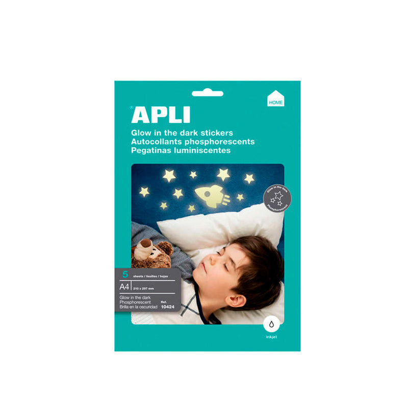 Apli Pack de 5 Etiquetas Brillo en la Oscuridad 210x297mm A4 - 5 Hojas por 1 Etiqueta - Permite Recortarlos y Realizar Diferentes Diseños - Aptas para Inkjet