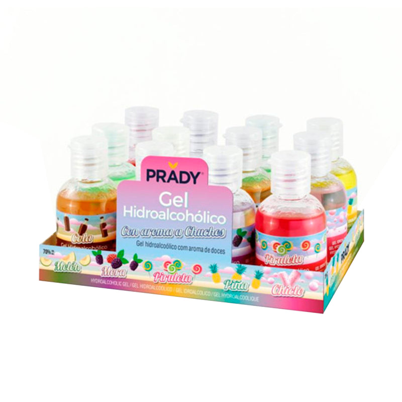 Prady Caja de 12u Gel Hidroalcohólico 30ml Olor: Mora, Piruleta, Melón, Chicle, Piña, Cola