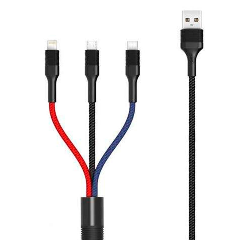 XO Cable Trenzado USB-A Macho a USB-C, MicroUSB y Lightning - Carga Rapida 2A - Longitud 1.20m