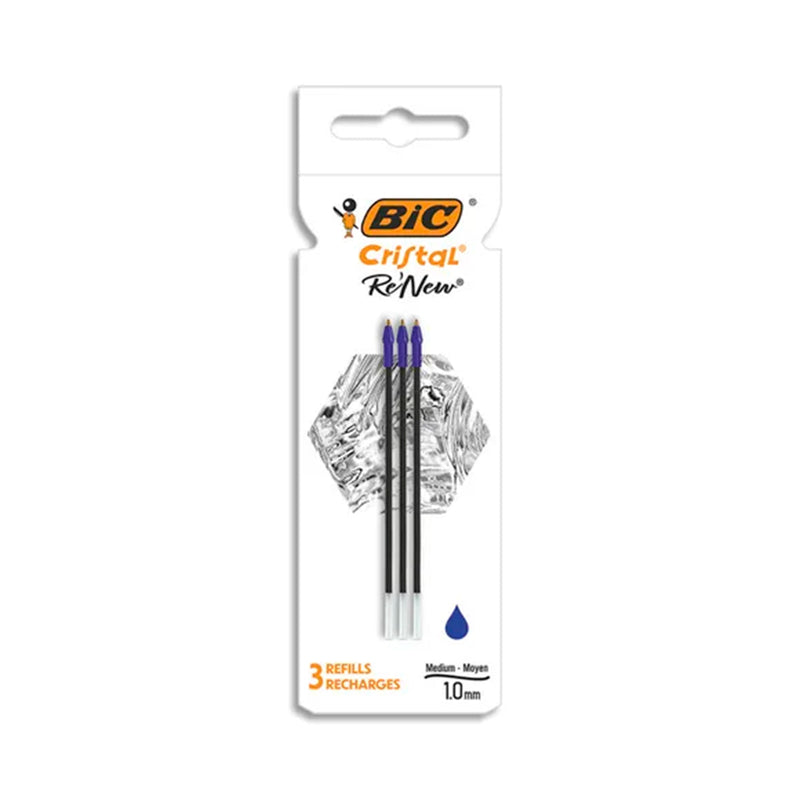 Bic Pack de 3 Recambios para Boligrafo Cristal Re´new - Punta Media de 1.0mm - Tinta con Base de Aceite - Color Azul