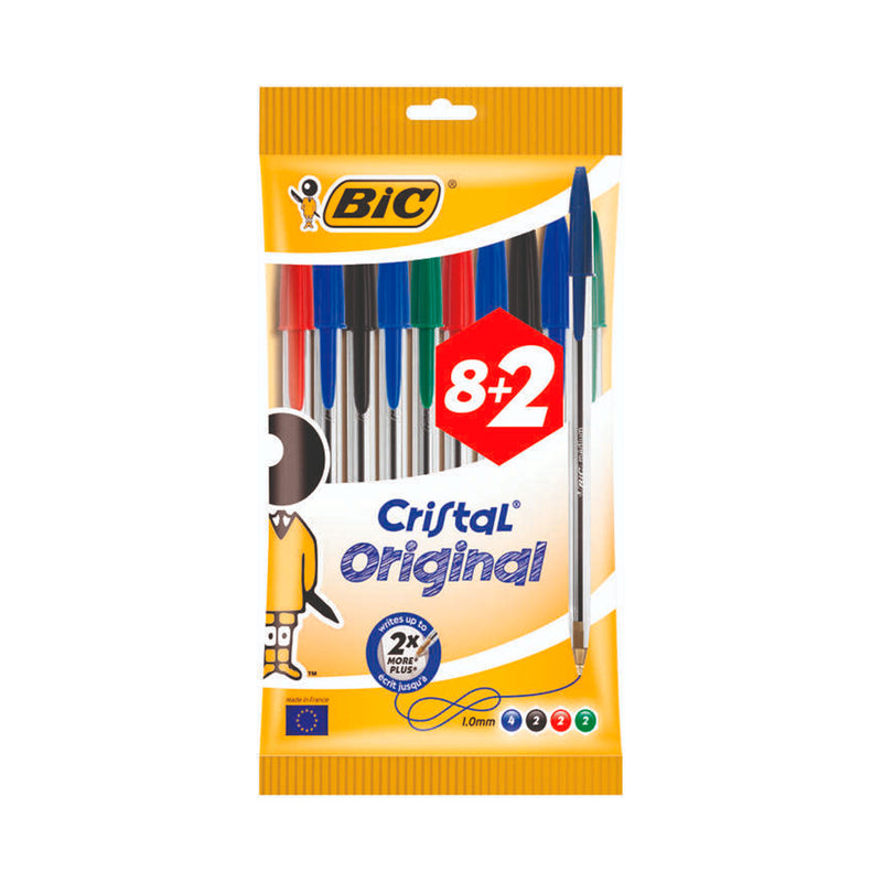 Bic Cristal Original Pack de 10 Boligrafos de Bola - Punta Redonda de 1.0mm - Trazo 0.4mm - Tinta con Base de Aceite - Colores Surtidos