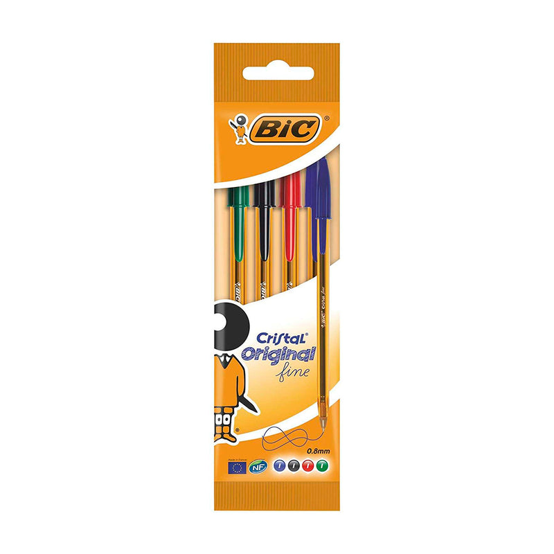 Bic Cristal Original Fine Pack de 4 Boligrafos de Bola - Punta Redonda de 0.8mm - Trazo de 0.30mm - Tinta con Base de Aceite - Translucido - Colores Surtidos