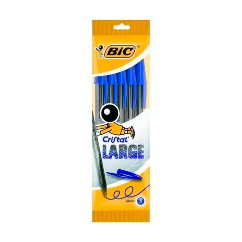 Bic Cristal Large Pack de 5 Boligrafos de Bola - Punta Redonda de 1.6mm - Trazo 0.6mm - Tinta con Base de Aceite - Color Azul