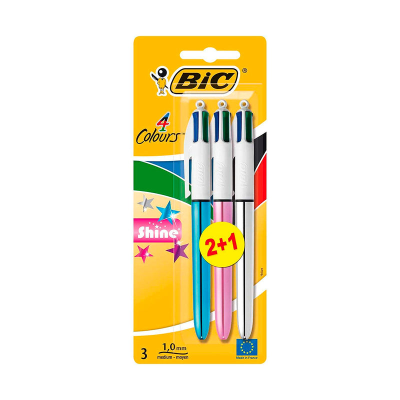 Bic 4 Colours Shine 2+1 Pack de 3 Boligrafos de Bola Retractil - Punta Media de 1.0mm - Tinta con Base de Aceite - Cuerpo de Colores Metalicos Surtidos - 4 Colores