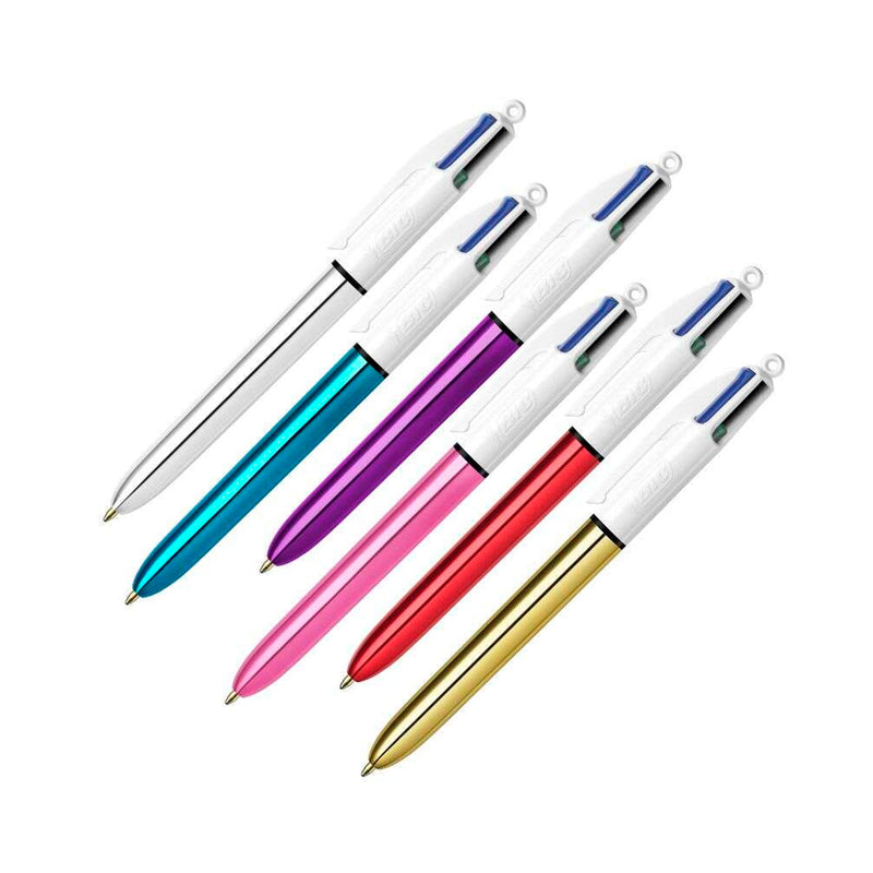 Bic 4 Colours Shine Boligrafo de Bola Retractil - Punta Media de 1.0 mm - Tinta con Base de Aceite - Diseño Metalizado en Colores Surtidos - Caja de 12 ud (12 unidades)