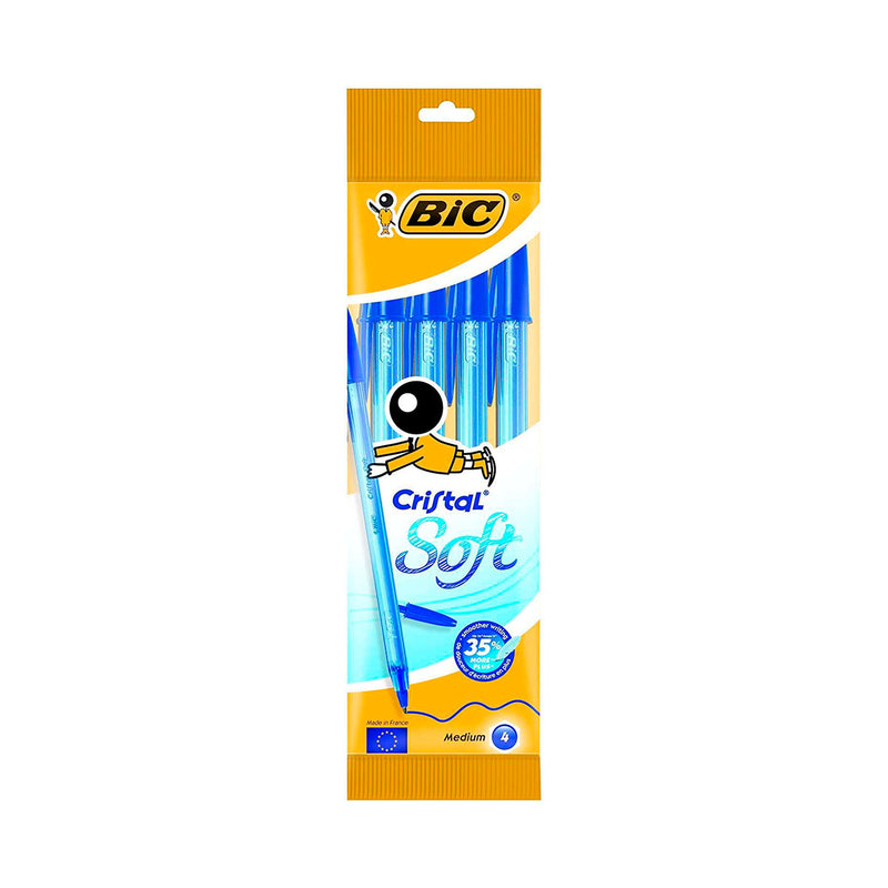 Bic Cristal Soft Pack de 4 Boligrafos de Bola - Punta Media de 1.2mm - Trazo 0.45mm - Escritura mas Fluida - Color Azul