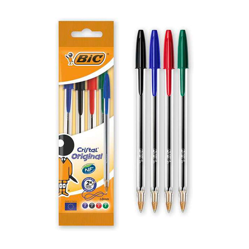 Bic Cristal Original Pack de 4 Boligrafos de Bola - Punta Redonda de 1.0mm - Trazo 0.4mm - Tinta con Base de Aceite - Colores Surtidos