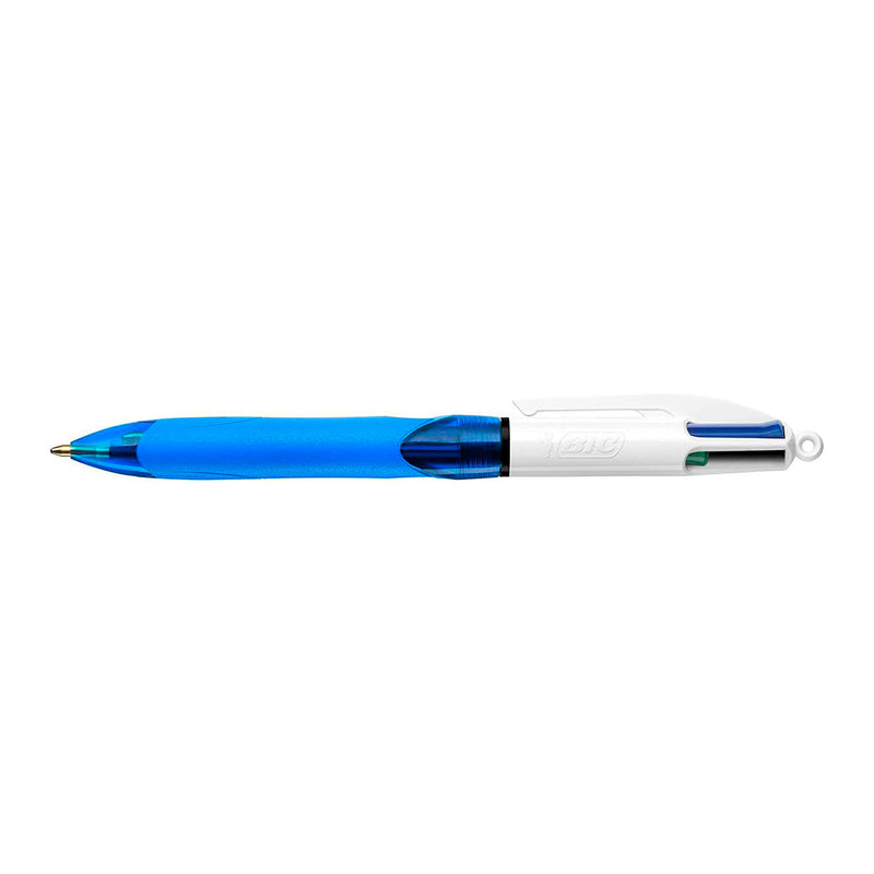 Bic 4 Colours Grip Boligrafo de Bola Retractil con Grip - Punta Media de 1mm - Trazo de 0.4mm - Tinta con Base de Aceite - Cuerpo Blanco/Azul Transparente - 4 Colores (12 unidades)