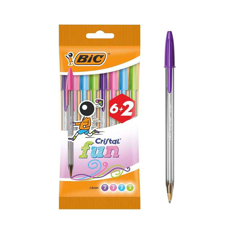 Bic Cristal Fun 6+2 Pack de 8 Boligrafos de Bola - Punta Redonda de 1.6mm - Trazo 0.42mm - Tinta con Base de Aceite - Colores Surtidos