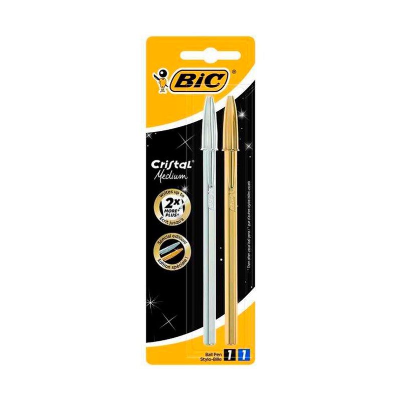 Bic Cristal Shine Pack de 2 Boligrafos de Bola - Punta Media de 1.0mm - Tinta con Base de Aceite - Cuerpo Plateado y Dorado - Color Azul y Negro