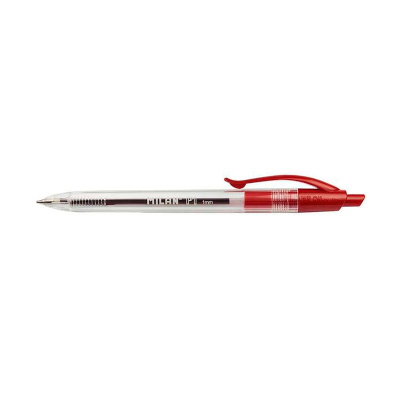 Milan P1 Boligrafo de Bola Retractil - Punta Redonda 1mm - Cuerpo Transparente - Color Rojo (25 unidades)