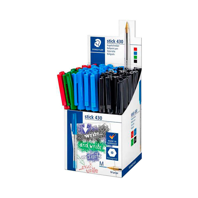 Staedtler Stick 430 Boligrafo de Bola Punta 0.35mm - Tinta Endeleble - Colores Surtidos (50 unidades - 20 Negros, 21 Azules, 5 rojos, 4 verdes)