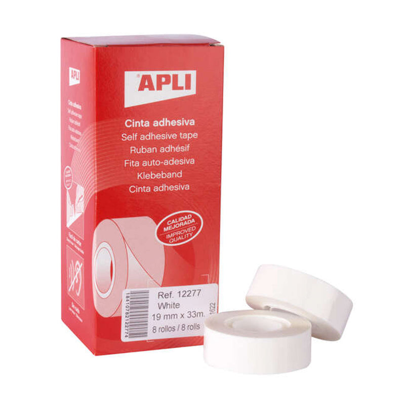 Apli Cinta Adhesiva Blanca 19mm x 33m - Resistente al Desgarro - Facil de Cortar - Adhesion Fuerte Blanco (8 unidades)