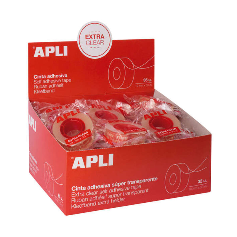 Apli Cinta Adhesiva Extra Clear 19mm x 33m - Resistente al Agua y a la Intemperie - Facil de Cortar con las Manos - Transparente Transparente (35 unidades)