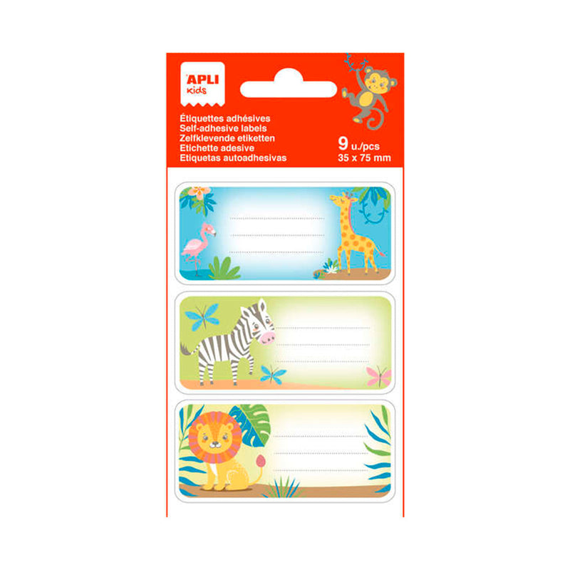 Apli Etiquetas Adhesivas Escolares Savana - Tamaño 81x36mm - Adhesivo Permanente de Alta Calidad - 3 Hojas con 9 Etiquetas (3 por Diseño) - Ideal para Marcar e Identificar - Color Blanco (5 unidades)