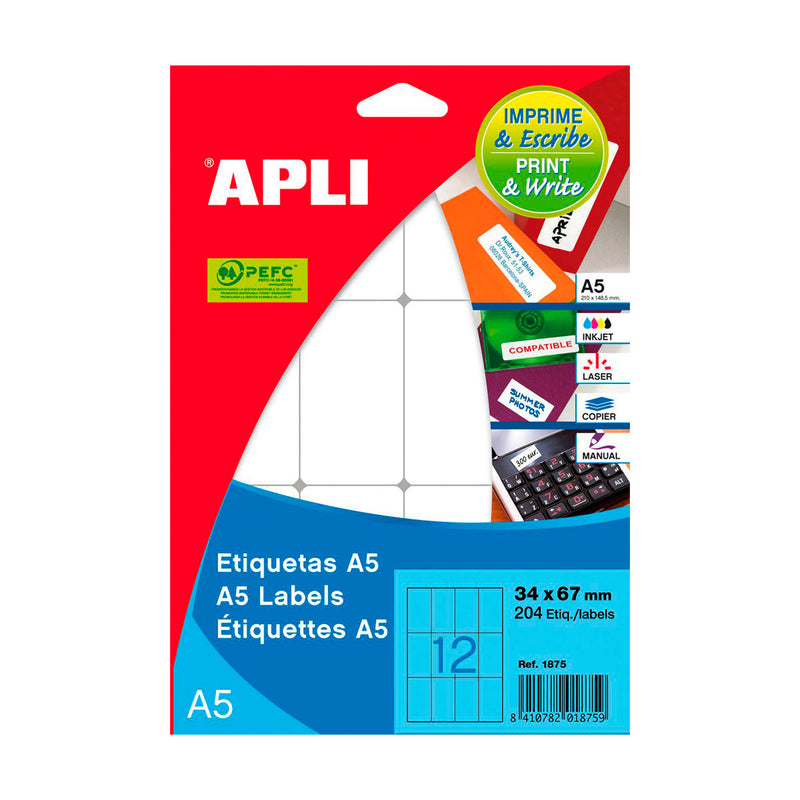 Apli Pack de 525 Etiquetas A5 19.0 x 40.0mm - Color Blanco