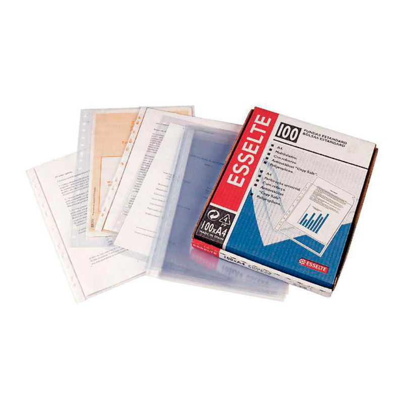 Esselte Pack de 100 Fundas Porta Documentos A4 PP Multitaladro 80 Micras - 11 Taladros - Calidad Estandar - Textura Cristal Liso Transparente