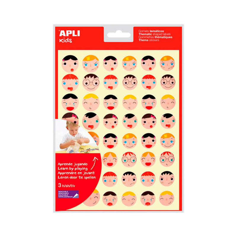 Apli Gomets Emociones - Ø 23 mm y Ø 20 mm - 144 Gomets por Bolsa - 16 Diseños Diferentes - Adhesivo Removible - Ayuda a Expresar Emociones - Adhesivo Base Agua - Libre de Disolventes - Color Variado (5 unidades)