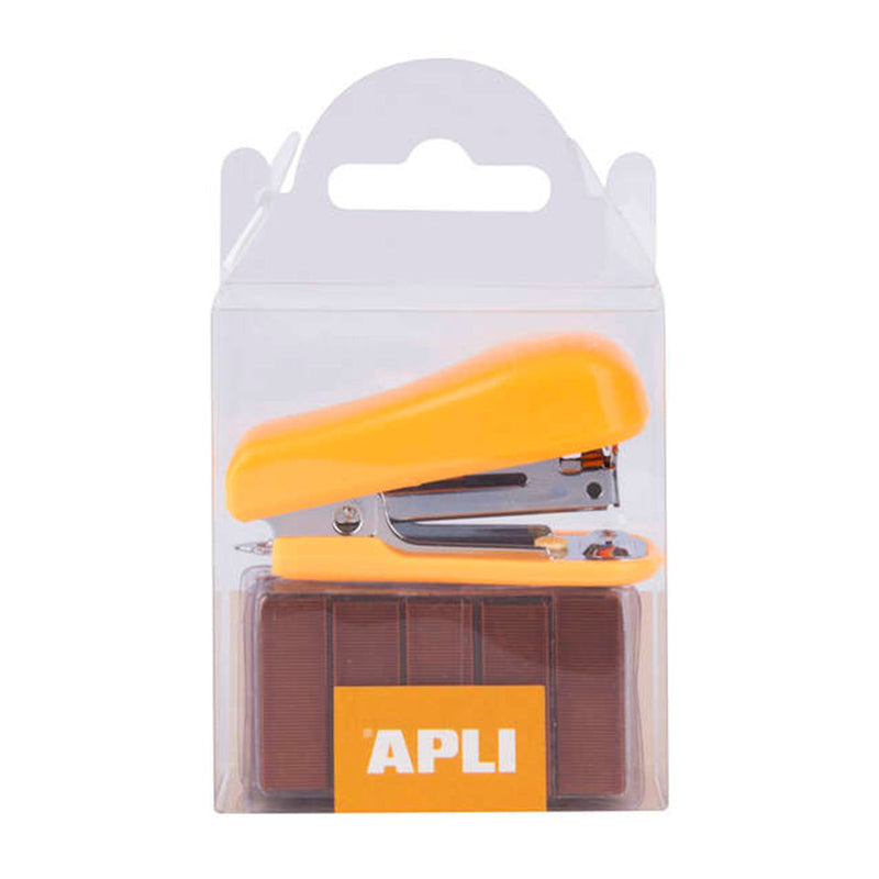 Apli Pocket Pack de Grapadora + 2000 Grapas del mismo Color - Tamaño 56mm para Grapas Nº10 - Ideal para Escuela y Hogar - Color Naranja