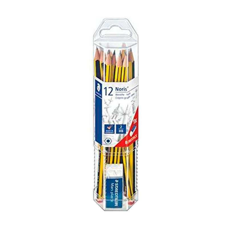 Staedtler Noris 120 Pack de 12 Lapices de Grafito Hexagonales + Goma de Borrar - Mina HB Ultrarresistente de 2mm - Madera de Bosques Sostenibles