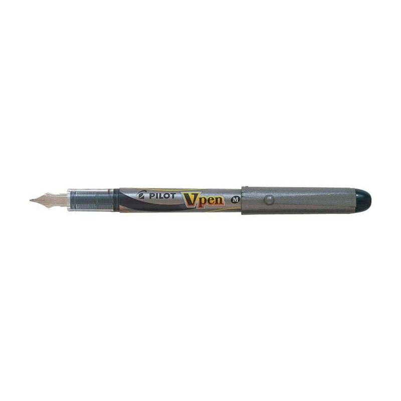 Pilot Pluma Estilografica V-Pen Silver - Desechable - Tinta Liquida - Punta de Acero - Trazo de 0.5mm - Color Negro (12 unidades)