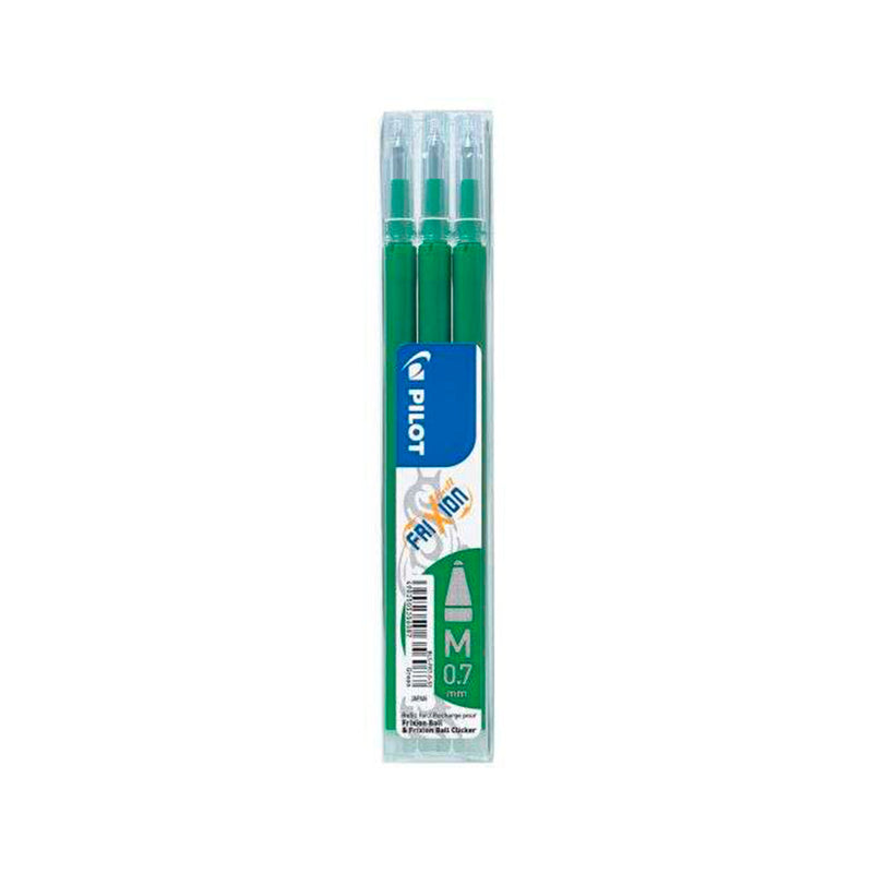Pilot Pack de 3 Recambios para Frixion Ball / Frixion Clicker - Tinta Gel Borrable - Punta de Bola 0.7mm - Trazo 0.4mm - Color Verde (12 unidades)