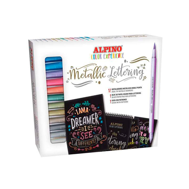 Alpino Color Experience Kit de Iniciacion al Lettering con 12 Rotuladores Metalicos de Doble Punta, Punta Fina y Punta Pincel + 1 Bloc de Papel Negro Especial Lettering + 1 Guia con 20 Patrones - Colores Surtidos