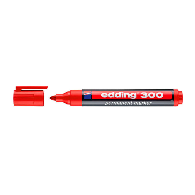 Edding 300 Rotulador Permanente - Punta Redonda - Trazo entre 1.5 y 3 mm. - Tinta Casi Inodora - Capuchon con Clip - Secado Rapido - Color Rojo (10 unidades)