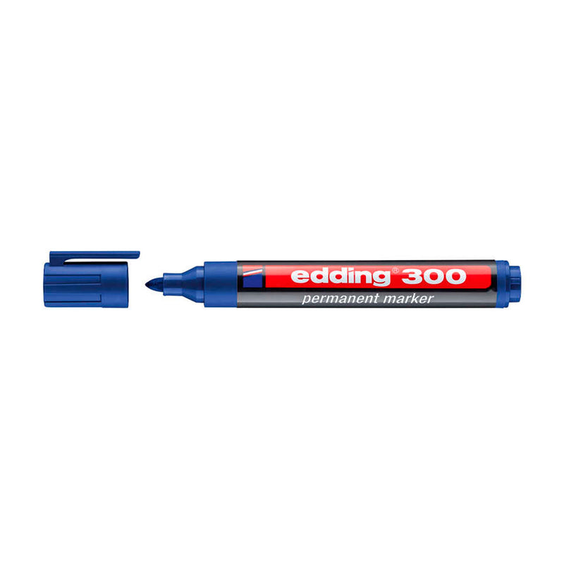 Edding 300 Rotulador Permanente - Punta Redonda - Trazo entre 1.5 y 3 mm. - Tinta Casi Inodora - Capuchon con Clip - Secado Rapido - Color Azul (10 unidades)