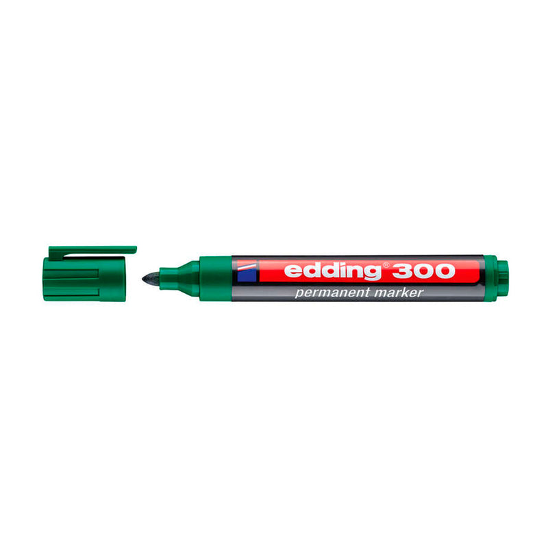 Edding 300 Rotulador Permanente - Punta Redonda - Trazo entre 1.5 y 3 mm. - Tinta Casi Inodora - Capuchon con Clip - Secado Rapido - Color Verde (10 unidades)