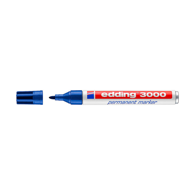 Edding 3000 Rotulador Permanente - Punta Redonda de 1.5mm - Trazo entre 1.5 y 3mm - Recargable - Secado Rapido - Color Azul (10 unidades)