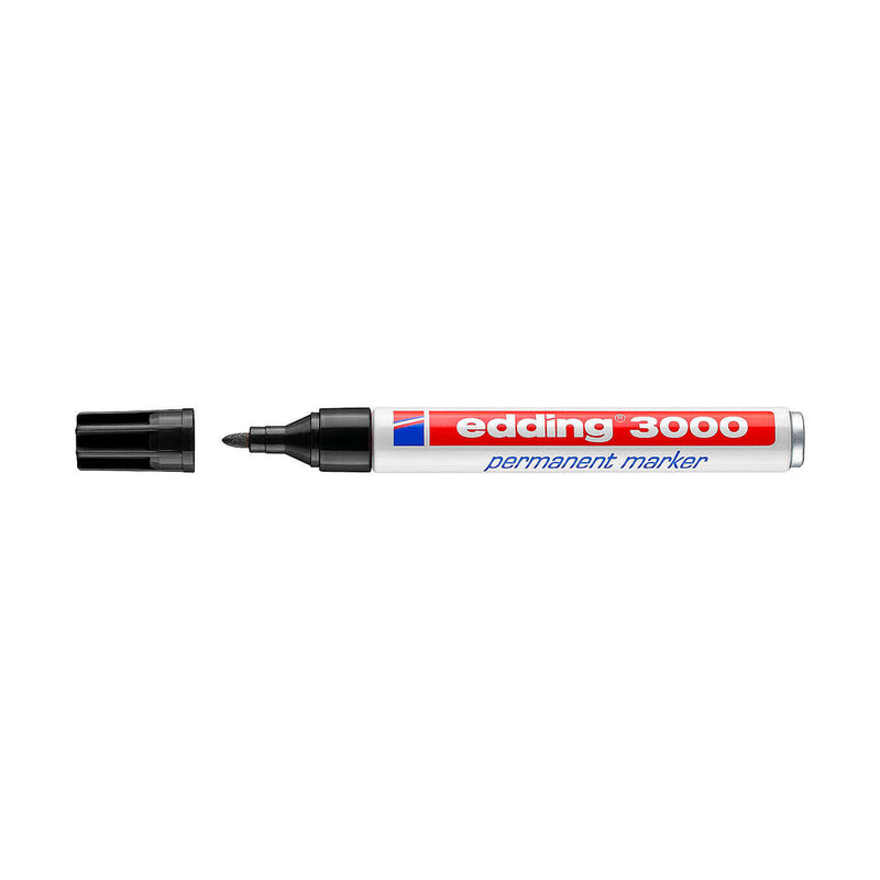 Edding 3000 Rotulador Permanente - Punta Redonda de 1.5mm - Trazo entre 1.5 y 3mm - Recargable - Secado Rapido - Color Negro (10 unidades)