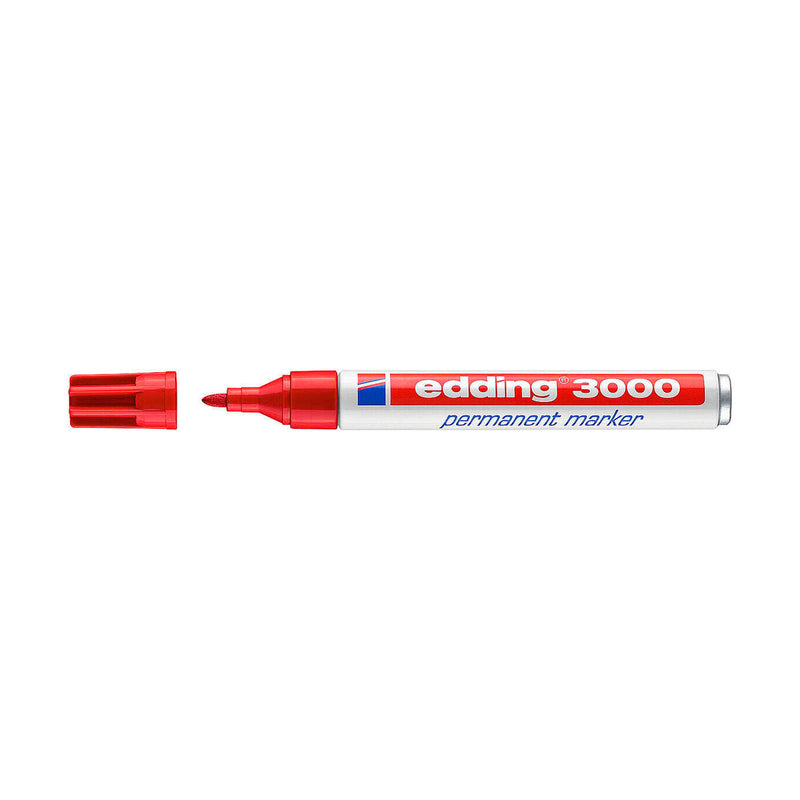 Edding 3000 Rotulador Permanente - Punta Redonda de 1.5mm - Trazo entre 1.5 y 3mm - Recargable - Secado Rapido - Color Rojo (10 unidades)