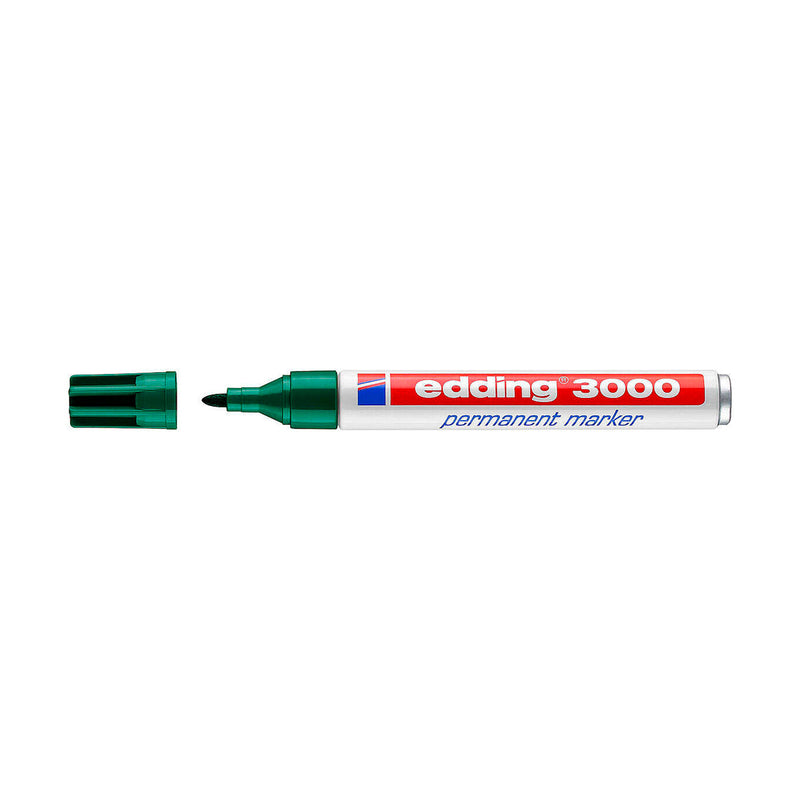 Edding 3000 Rotulador Permanente - Punta Redonda de 1.5mm - Trazo entre 1.5 y 3mm - Recargable - Secado Rapido - Color Verde (10 unidades)