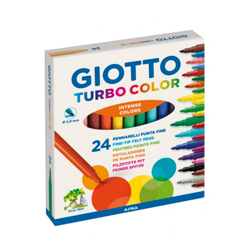 Giotto Turbo Color Pack de 24 Rotuladores - Punta Fina 2.8 mm. - Tinta al Agua - Lavable - Colores Surtidos