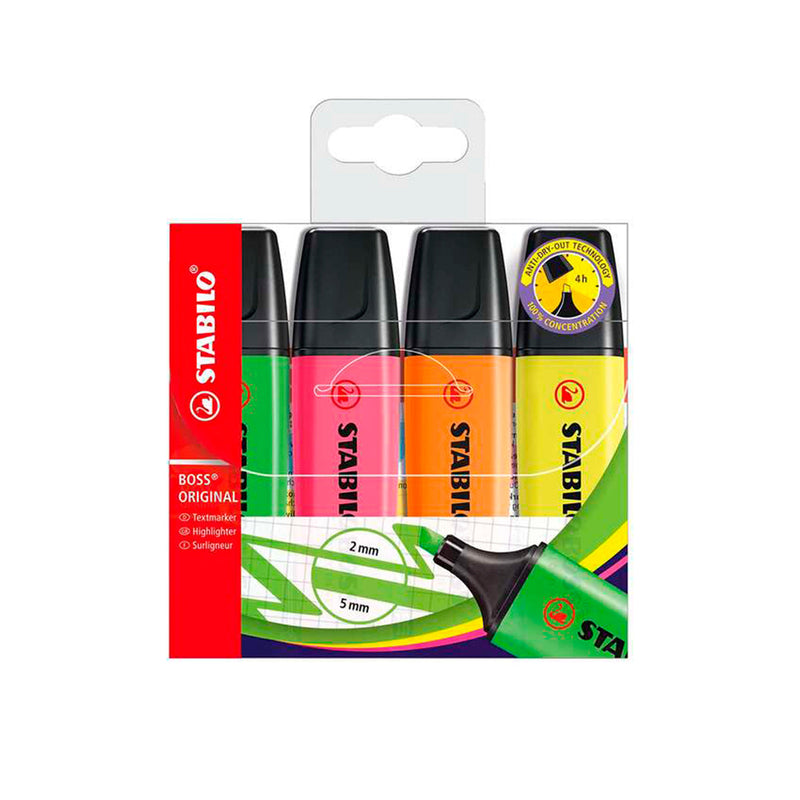 Stabilo Boss 70 Pack de 4 Marcadores Fluorescentes - Trazo entre 2 y 5mm - Recargable - Tinta con Base de Agua - Colores Surtidos