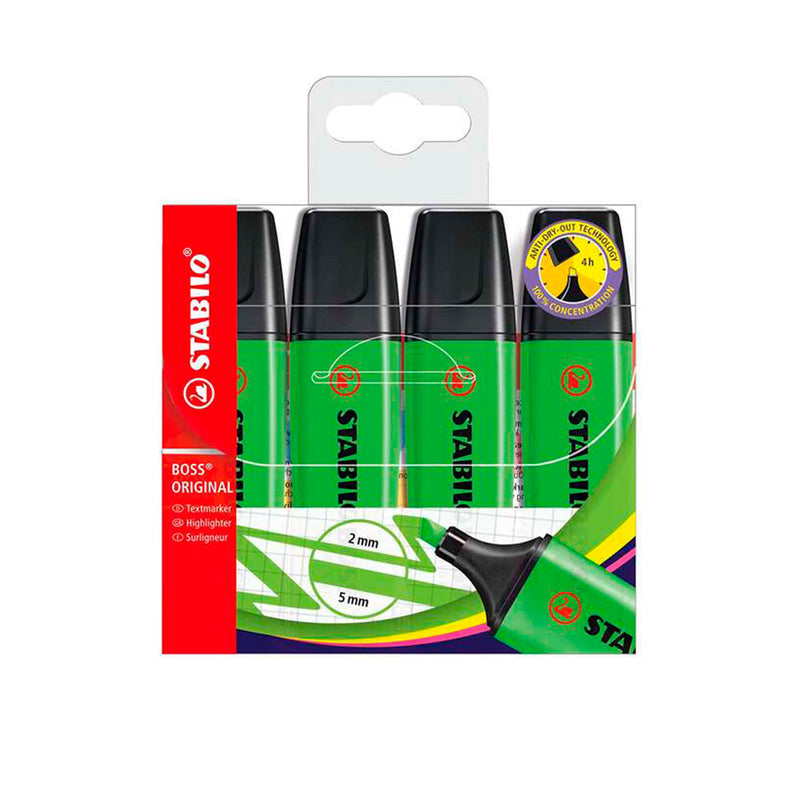 Stabilo Boss 70 Pack de 4 Marcadores Fluorescentes - Trazo entre 2 y 5mm - Recargable - Tinta con Base de Agua - Color Verde