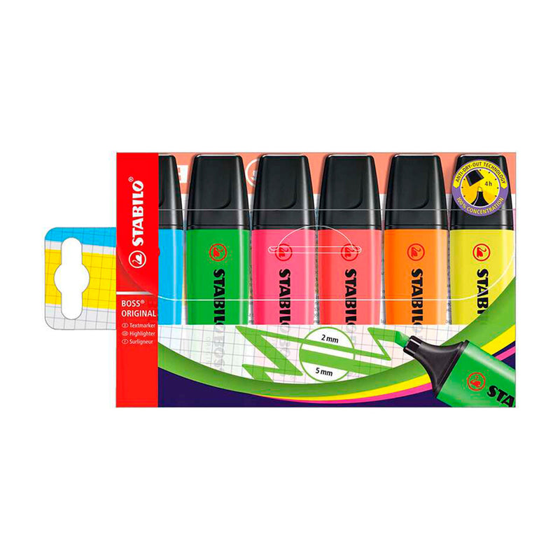 Stabilo Boss 70 Pack de 6 Marcadores Fluorescentes - Trazo entre 2 y 5mm - Recargable - Tinta con Base de Agua - Colores Surtidos