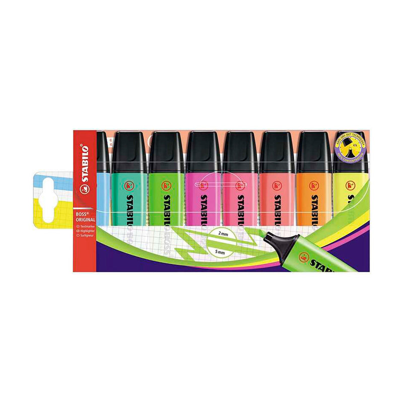 Stabilo Boss 70 Pack de 8 Marcadores Fluorescentes - Trazo entre 2 y 5mm - Recargable - Tinta con Base de Agua - Colores Surtidos