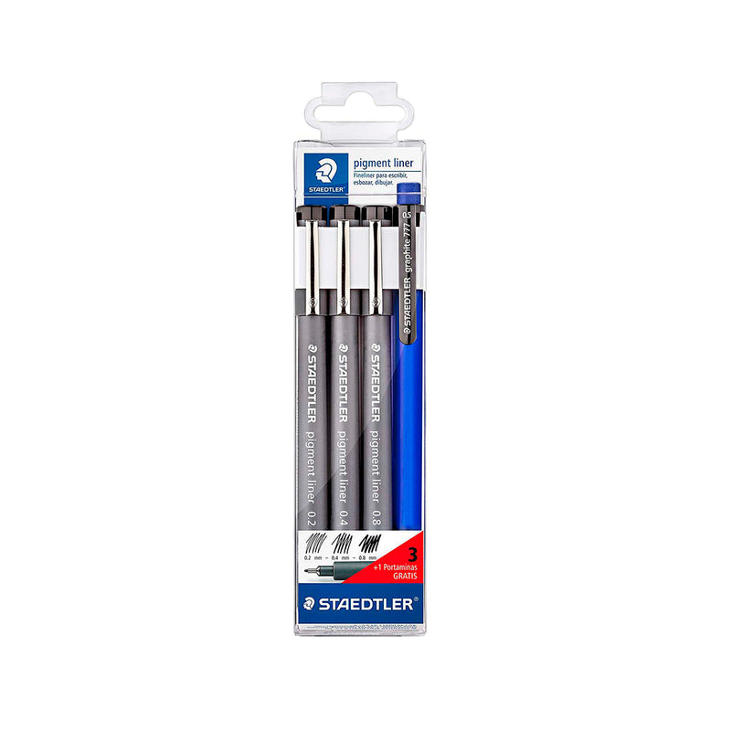 Staedtler Pigment Liner 308 Pack de 3 Rotuladores Calibrados 0,2 0,4 y 0,8mm + 1 Portaminas 0.5mm - Secado Rapido - Color Negro