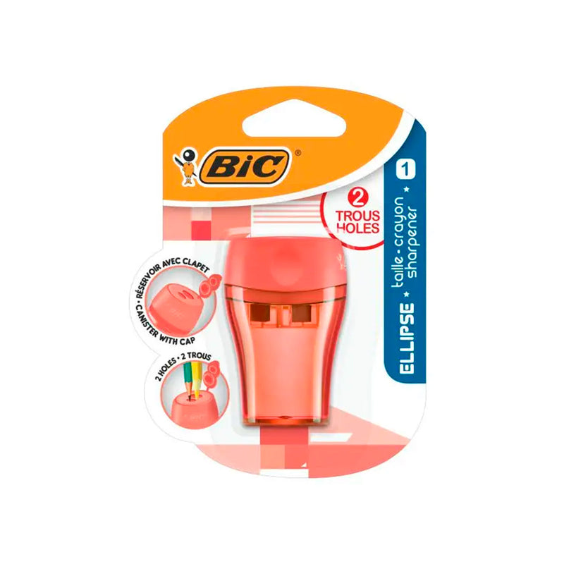 Bic Ellipse Sacapuntas de Plastico - 2 Orificios- Deposito Grande para los Restos - Color Verde, Azul o Coral Aleatorio