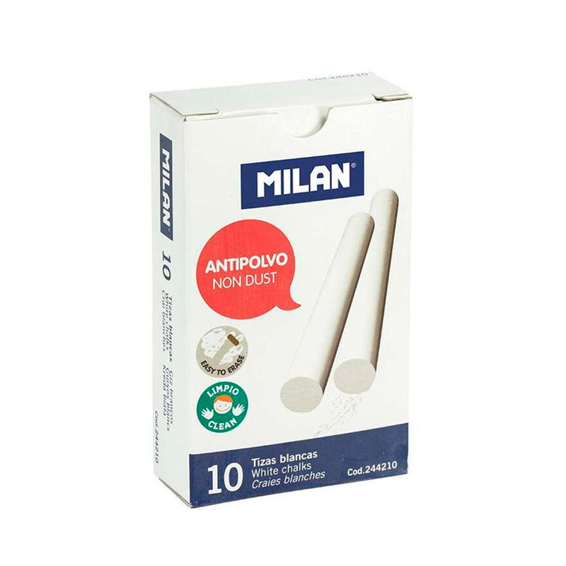 Milan Pack de 10 Tizas de Carbonato de Calcio - Redondas - Antipolvo - No Contienen Caseina ni Yeso - Color Blanco