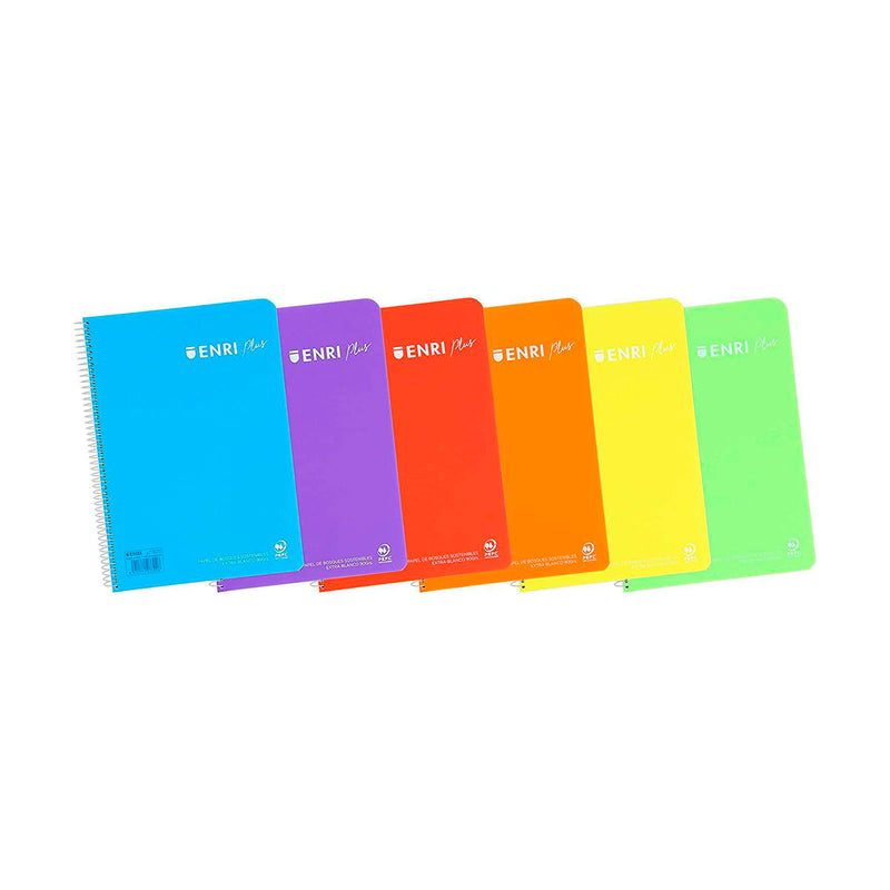 Enri Plus Cuaderno Espiral Formato Folio 1 Linea - 80 Hojas 90gr con Margen - Cubierta de Plastico - Colores Surtidos (5 unidades)