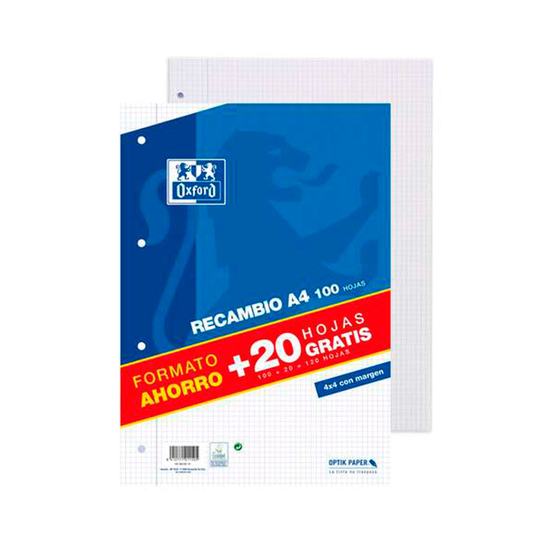 Oxford Recambio Formato A4 Cuadriculado 4x4mm 4 Taladros - 100 Hojas + 20 Gratis 90gr con Margen