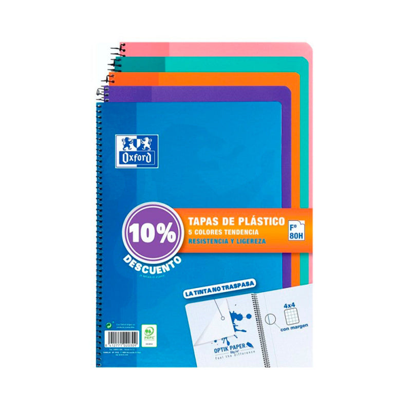 Oxford Classic Pack de 5 Cuadernos Espiral Formato Folio Cuadriculado 4x4mm - 80 Hojas - Tapa de Plastico - Colores Tendencia Surtidos